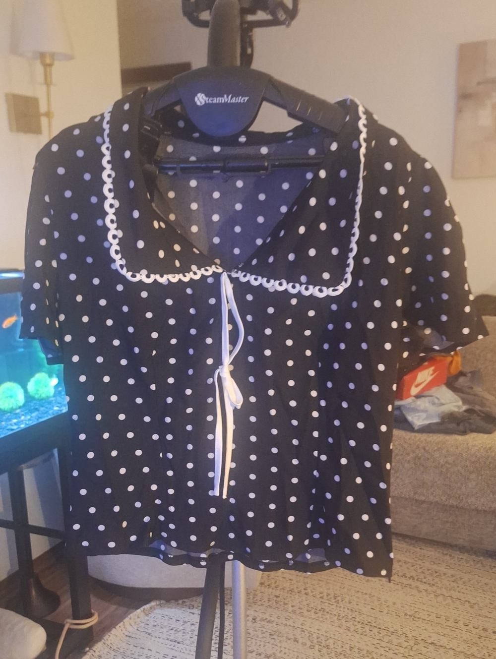 Women's Black Polka Dot Short Sleeve Blouse with White Trim